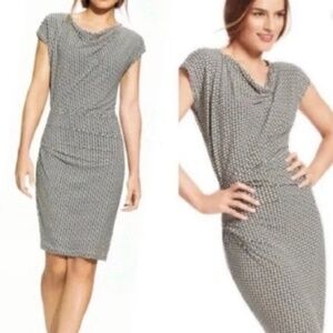 CAbi Monroe Ruched Houndstooth Short Sleeve Asymmetrical Dress size Medium EUC